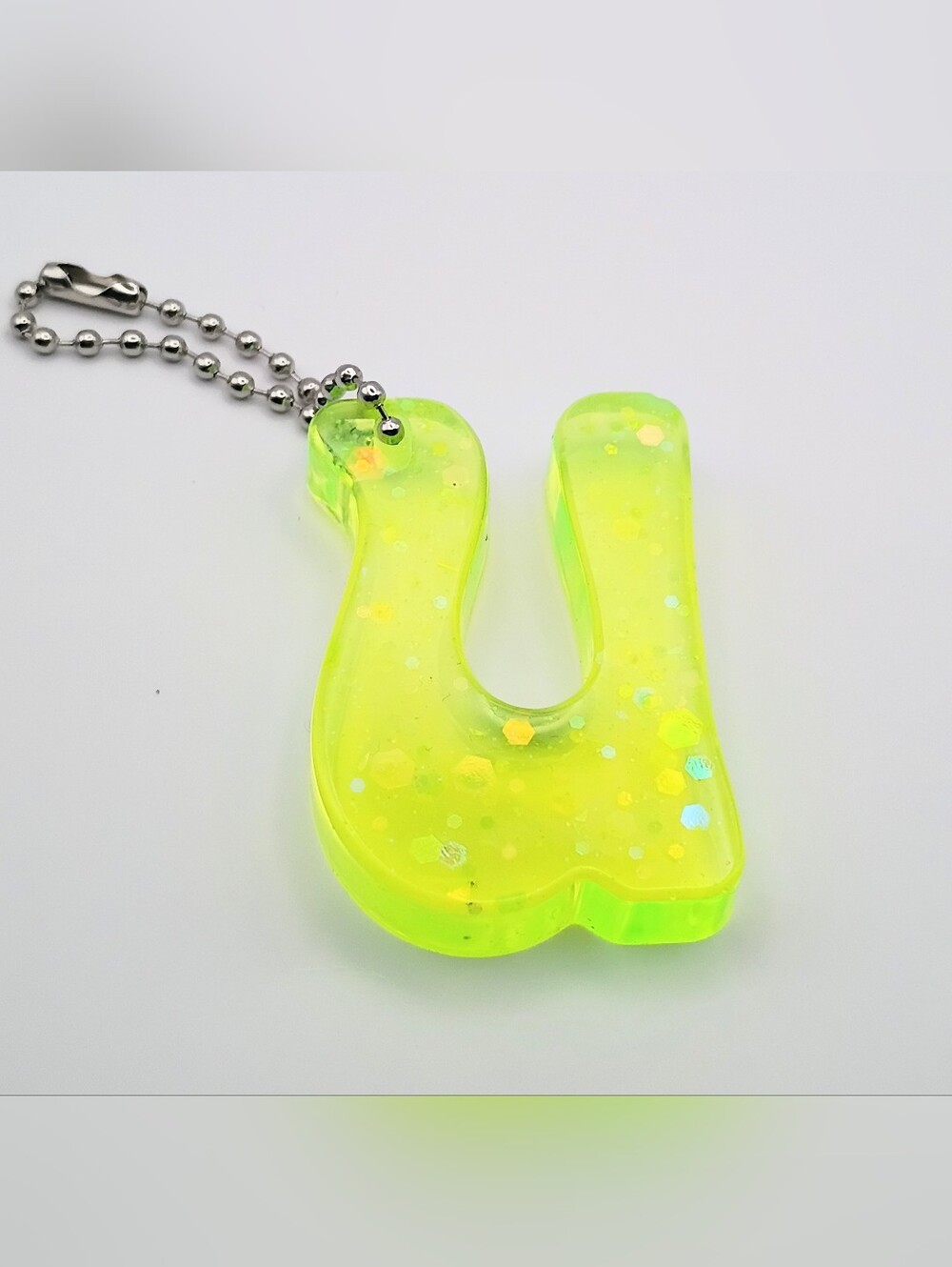 Neon Green Glitter Resin Letter U Keychain